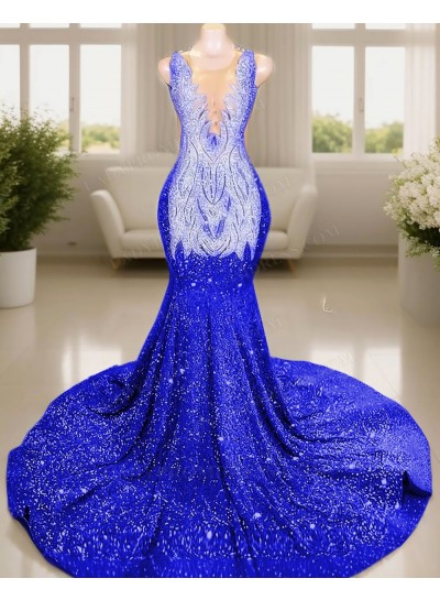 Royal Blue V-neck Sleeveless Glitter Mermaid Prom Dresses