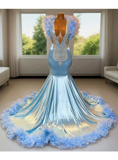 Blue Deep V-neck Beaded Mermaid Prom Dresses with Feathers