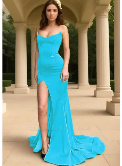 Blue Strapless Side Slit Sheath Formal Prom Dresses