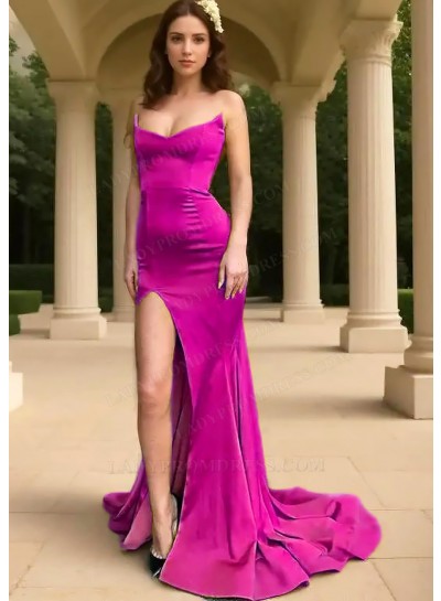 Fuchsia Strapless Side Slit Sheath Formal Prom Dresses