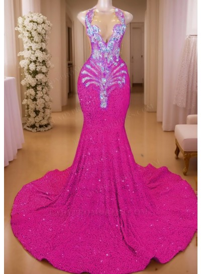 Fuchsia Sequined V-neck Mermaid Prom Dresses with Sparkling Beaded