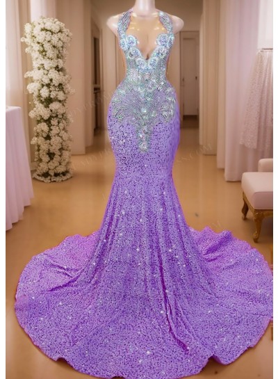Lilac Sequined V-neck Mermaid Prom Dresses with Sparkling Beaded