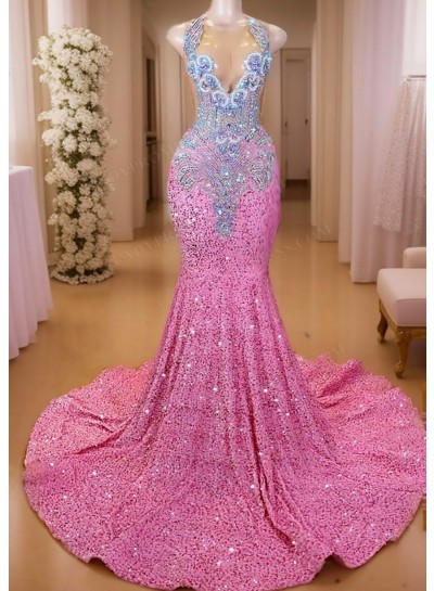 Pink Sequined V-neck Mermaid Prom Dresses with Sparkling Beaded