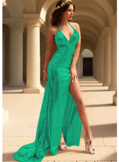 Emerald Sparkling Sequined V-Neck Halter Evening Prom Dresses