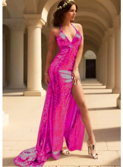 Fuchsia Sparkling Sequined V-Neck Halter Evening Prom Dresses