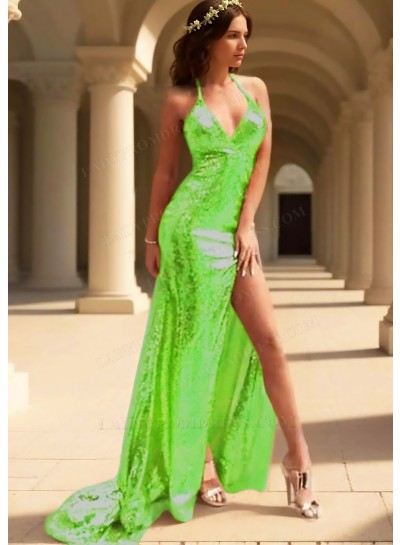 Lime Green Sparkling Sequined V-Neck Halter Evening Prom Dresses