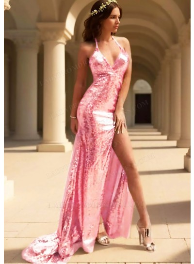 Pale Pink Sparkling Sequined V-Neck Halter Evening Prom Dresses