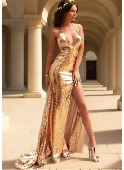 Gold Sparkling Sequined V-Neck Halter Evening Prom Dresses