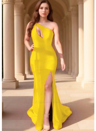 Daffodil One Shoulder Hollow Collar High Slit Satin Party Prom Dresses