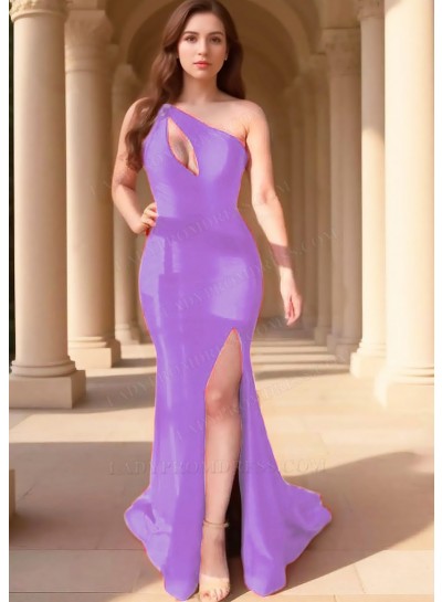 Lilac One Shoulder Hollow Collar High Slit Satin Party Prom Dresses