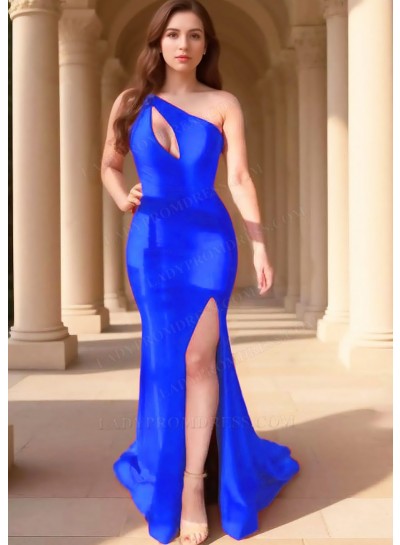 Royal Blue One Shoulder Hollow Collar High Slit Satin Party Prom Dresses