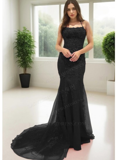 Black Spaghetti Straps Floor Length Sheath Prom Dresses with Appliques