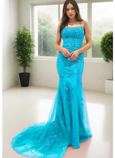 Blue Spaghetti Straps Floor Length Sheath Prom Dresses with Appliques