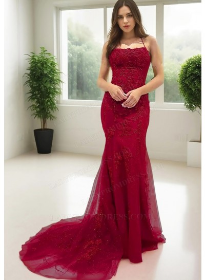 Burgundy Spaghetti Straps Floor Length Sheath Prom Dresses with Appliques
