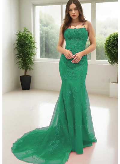 Emerald Spaghetti Straps Floor Length Sheath Prom Dresses with Appliques