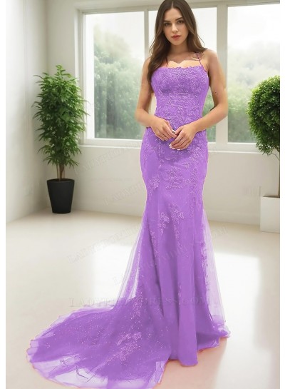 Lilac Spaghetti Straps Floor Length Sheath Prom Dresses with Appliques