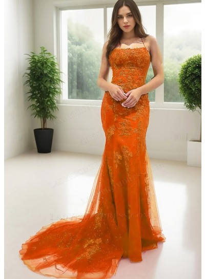 Orange Spaghetti Straps Floor Length Sheath Prom Dresses with Appliques