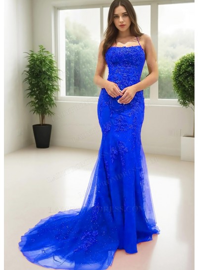 Royal Blue Spaghetti Straps Floor Length Sheath Prom Dresses with Appliques