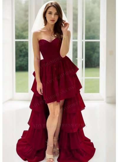 Burgundy Sweetheart Layered High Low Prom Dresses with Ruffled