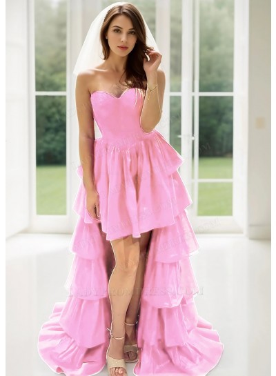 Pale Pink Sweetheart Layered High Low Prom Dresses with Ruffled