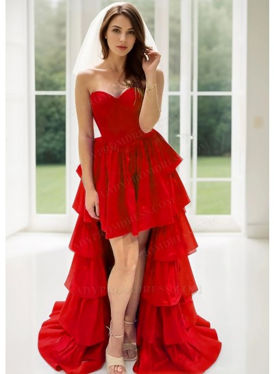 Red Sweetheart Layered High Low Prom Dresses with Ruffled
