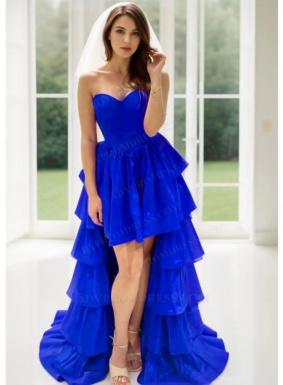 Royal Blue Sweetheart Layered High Low Prom Dresses with Ruffled