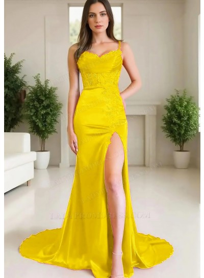 Daffodil Spaghetti Straps Satin High-Slit A-line Prom Dresses with Appliques