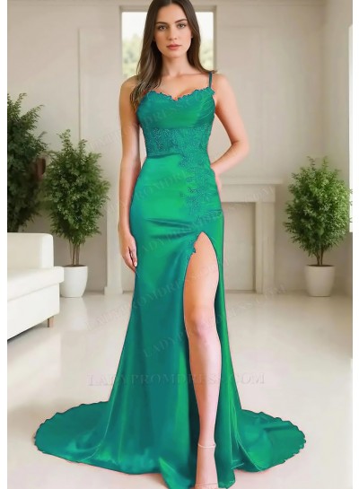 Emerald Spaghetti Straps Satin High-Slit A-line Prom Dresses with Appliques