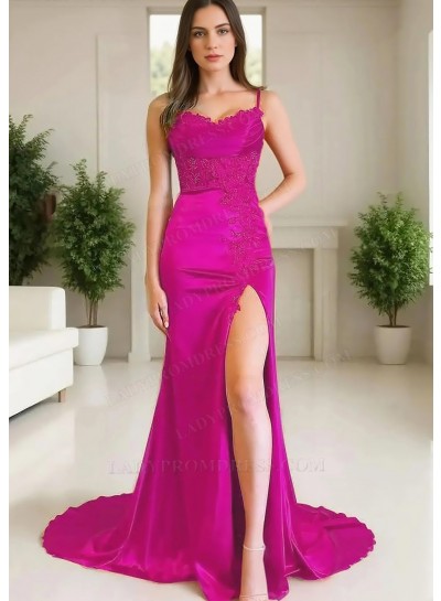 Fuchsia Spaghetti Straps Satin High-Slit A-line Prom Dresses with Appliques