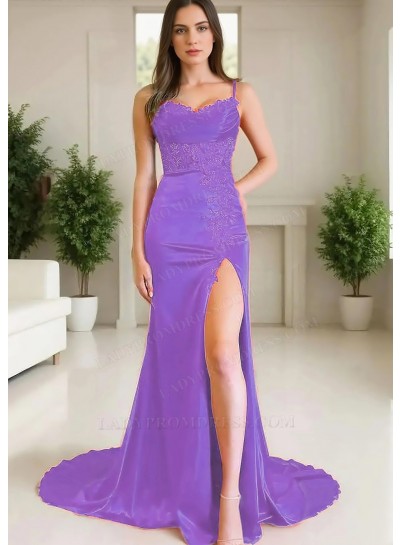 Lilac Spaghetti Straps Satin High-Slit A-line Prom Dresses with Appliques