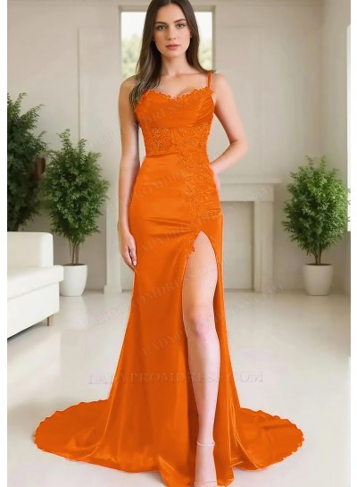Orange Spaghetti Straps Satin High-Slit A-line Prom Dresses with Appliques