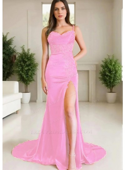 Pale Pink Spaghetti Straps Satin High-Slit A-line Prom Dresses with Appliques