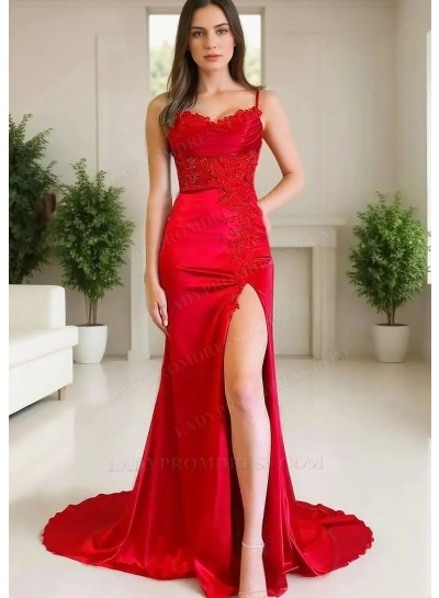 Red Spaghetti Straps Satin High-Slit A-line Prom Dresses with Appliques