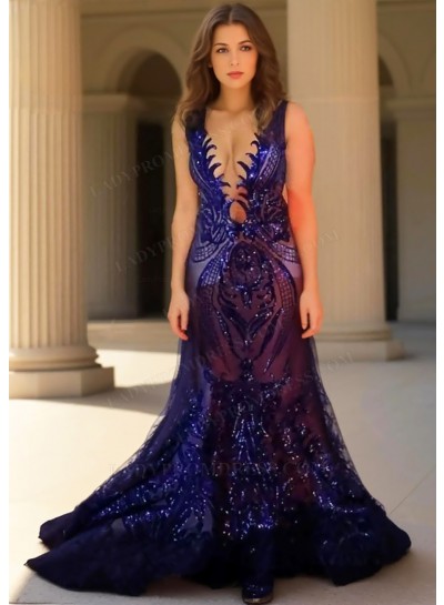 Purple V-Neck Sequined Mermaid Prom Dresses