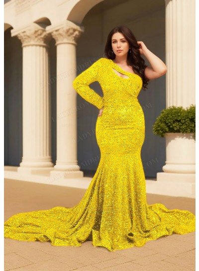 Daffodil One Shoulder Long-Sleeve Hollow Collar Sequined Mermaid Prom Dresses