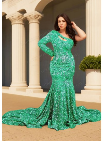 Emerald One Shoulder Long-Sleeve Hollow Collar Sequined Mermaid Prom Dresses