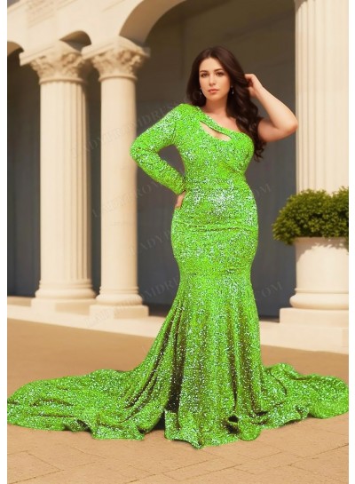 Lime Green One Shoulder Long-Sleeve Hollow Collar Sequined Mermaid Prom Dresses