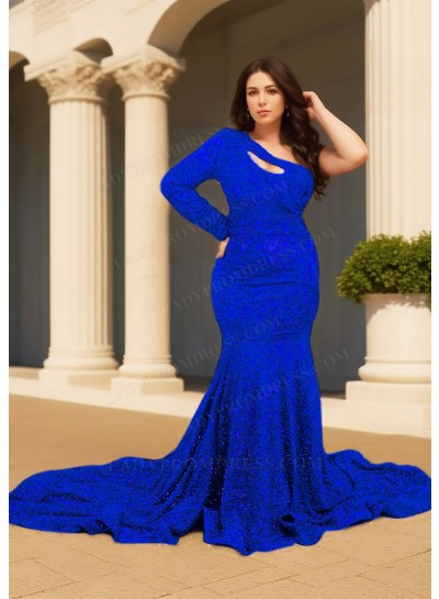 Royal Blue One Shoulder Long-Sleeve Hollow Collar Sequined Mermaid Prom Dresses