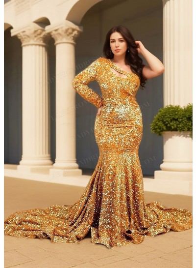Gold One Shoulder Long-Sleeve Hollow Collar Sequined Mermaid Prom Dresses