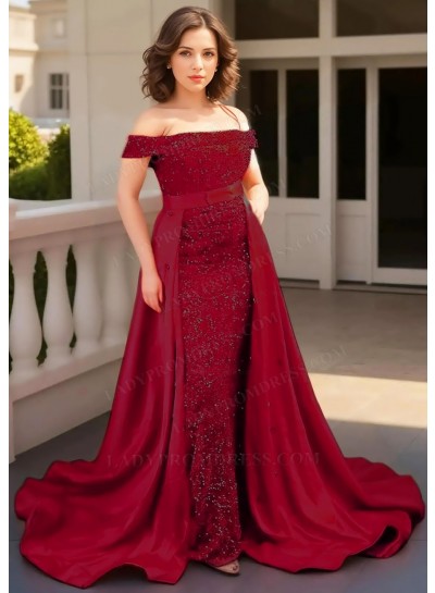 Burgundy Off-Shoulder Sequined Cape Removable Train Sheath Prom Dresses