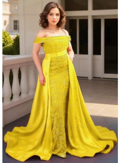 Daffodil Off-Shoulder Sequined Cape Removable Train Sheath Prom Dresses