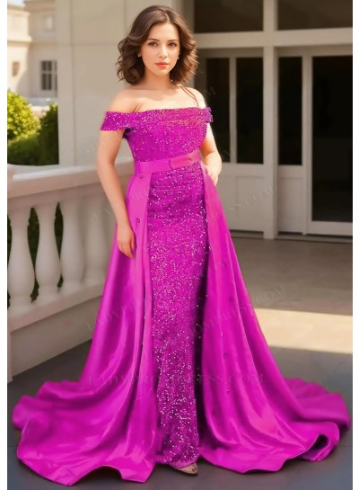Fuchsia Off-Shoulder Sequined Cape Removable Train Sheath Prom Dresses