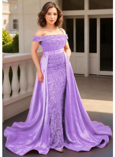 Lilac Off-Shoulder Sequined Cape Removable Train Sheath Prom Dresses