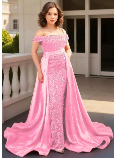 Pale Pink Off-Shoulder Sequined Cape Removable Train Sheath Prom Dresses