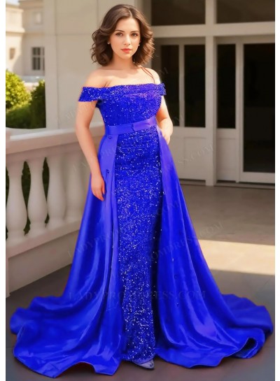 Royal Blue Off-Shoulder Sequined Cape Removable Train Sheath Prom Dresses