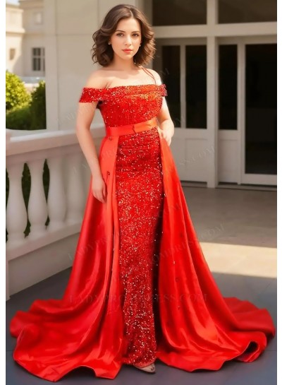 Red Off-Shoulder Sequined Cape Removable Train Sheath Prom Dresses