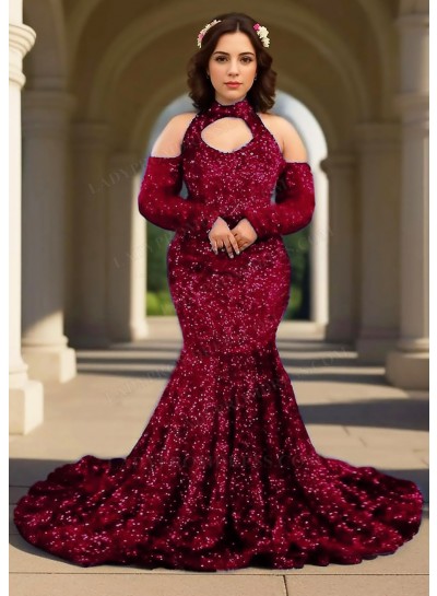 Burgundy Open Shoulder Long Sleeves Sequined Mermaid Prom Dresses