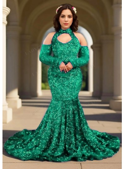 Emerald Open Shoulder Long Sleeves Sequined Mermaid Prom Dresses