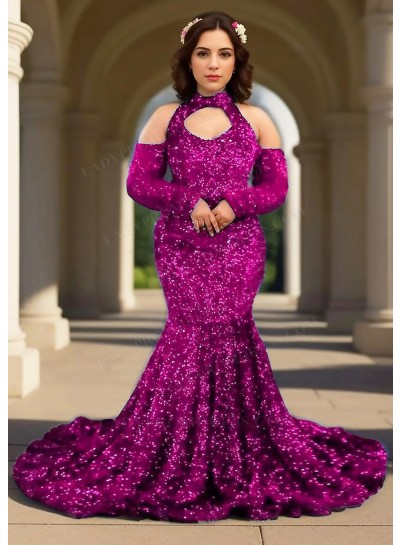 Fuchsia Open Shoulder Long Sleeves Sequined Mermaid Prom Dresses