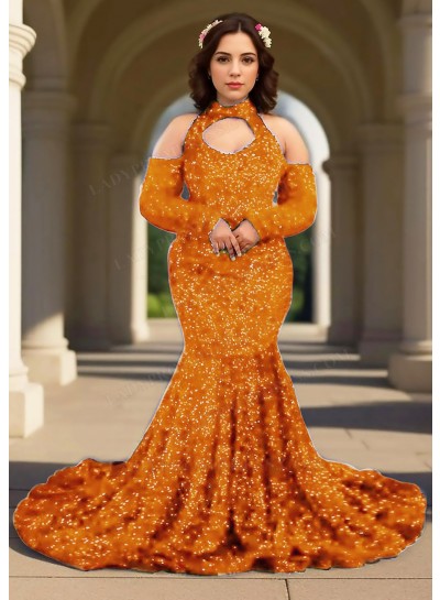 Orange Open Shoulder Long Sleeves Sequined Mermaid Prom Dresses